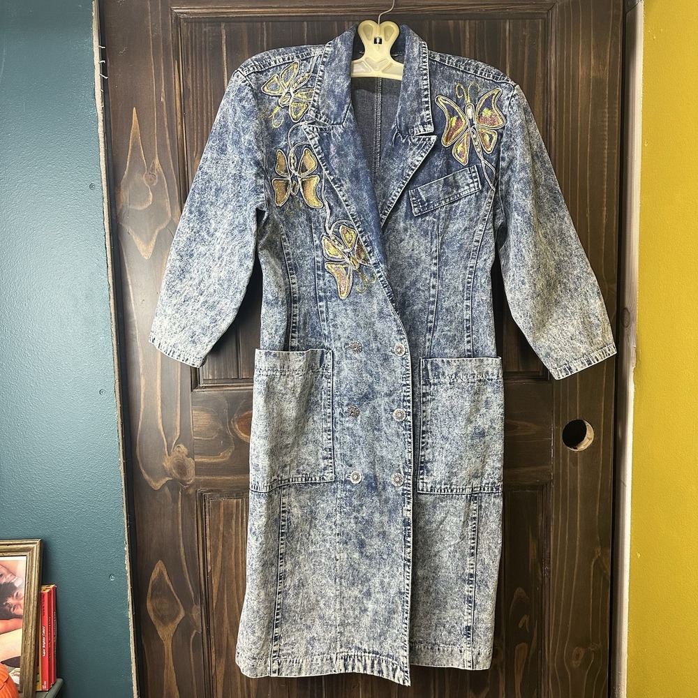 Vintage Double Breasted Denim Acid Washed 3/4 Sleeve Dress Embellished Butterfly